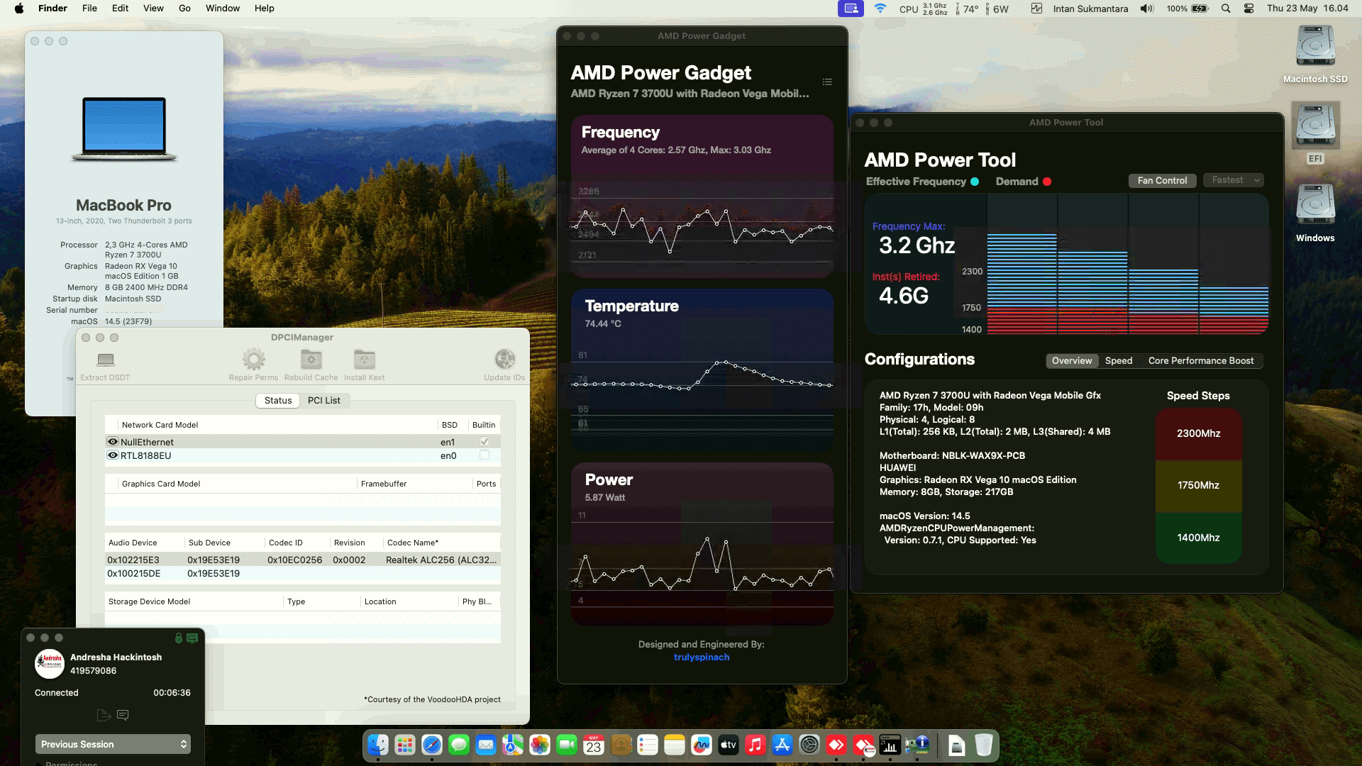 Success Hackintosh macOS Sonoma 14.5 Build 23F79 in Huawei MateBook D 14 AMD
